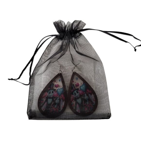 Gothic Teardrop Wood Earrings Jack & Sally Style 3.25" Dangle Pierced Halloween - Picture 2 of 9